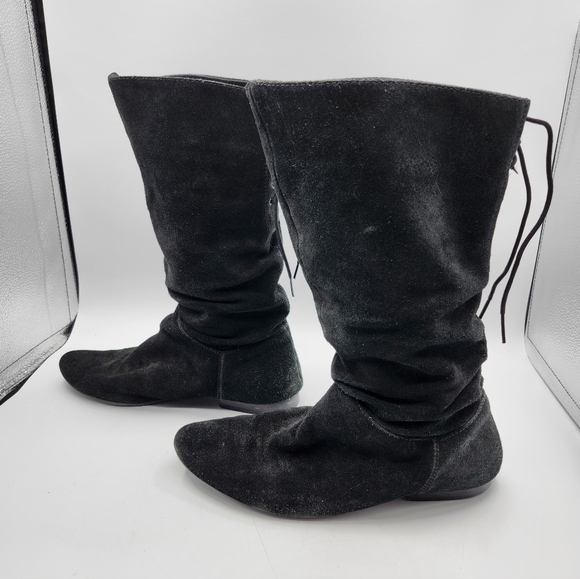 Black Suede Slouch Boots Back Lace Up Detail Flats Sz 8 - Picture 4 of 6